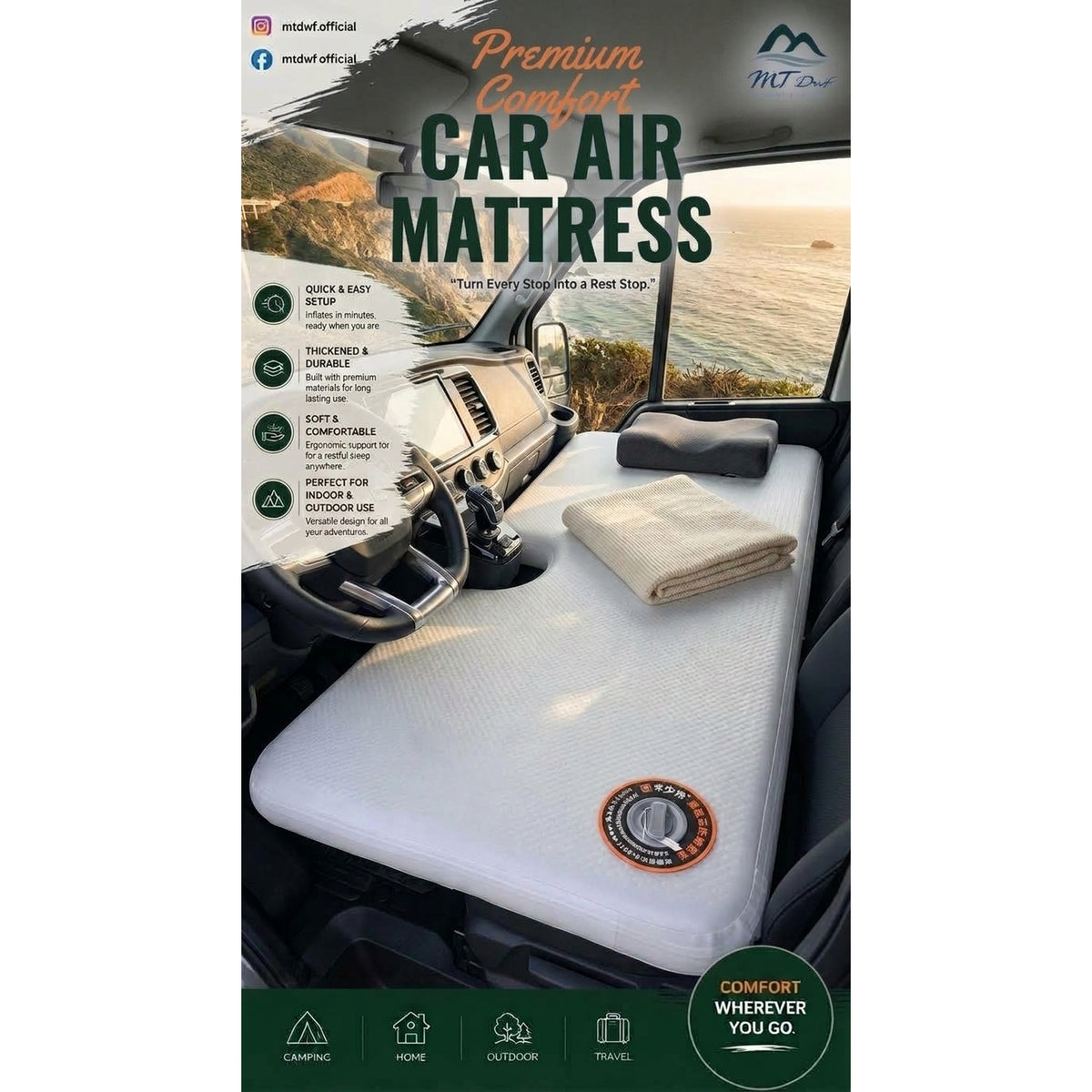 Inflatable Car Mattress Bed for Camping & Travel